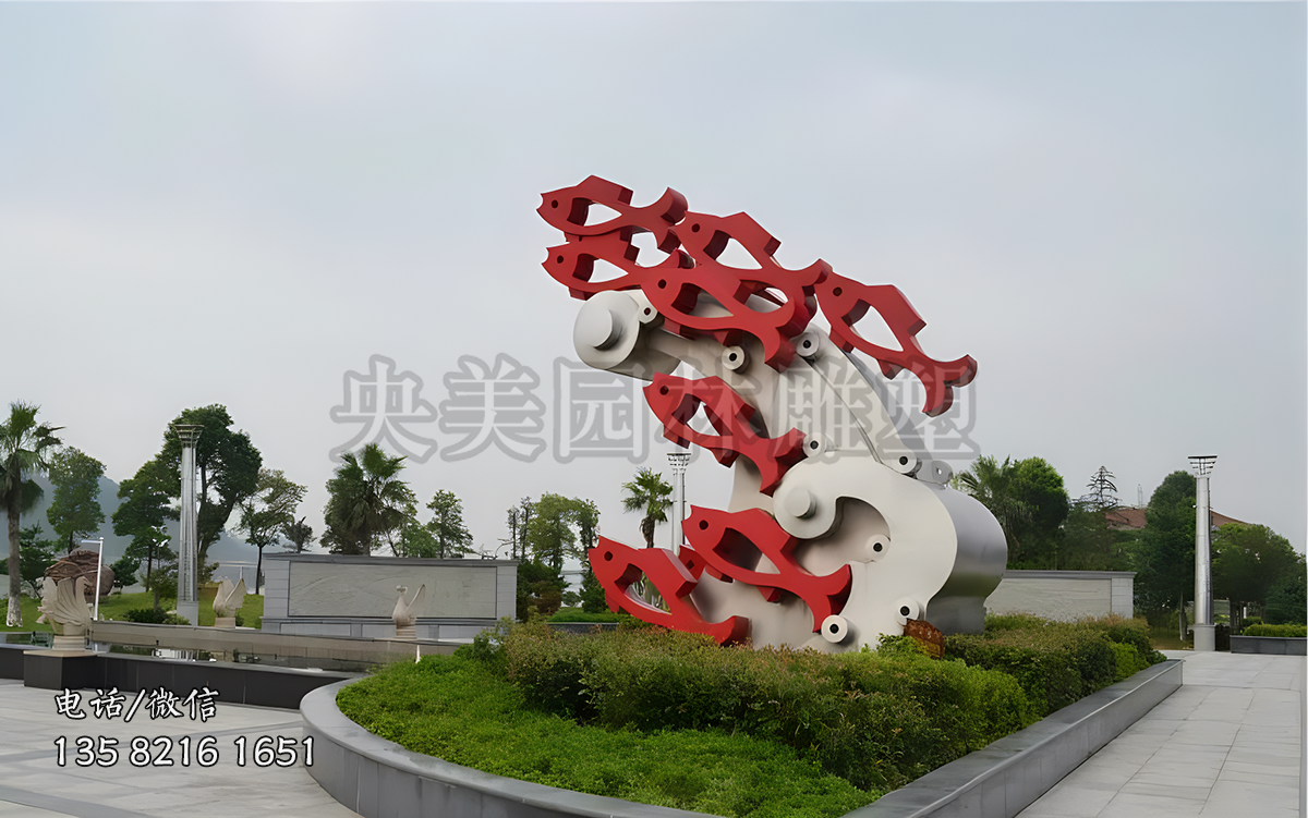 抽象戲水魚群景觀雕塑