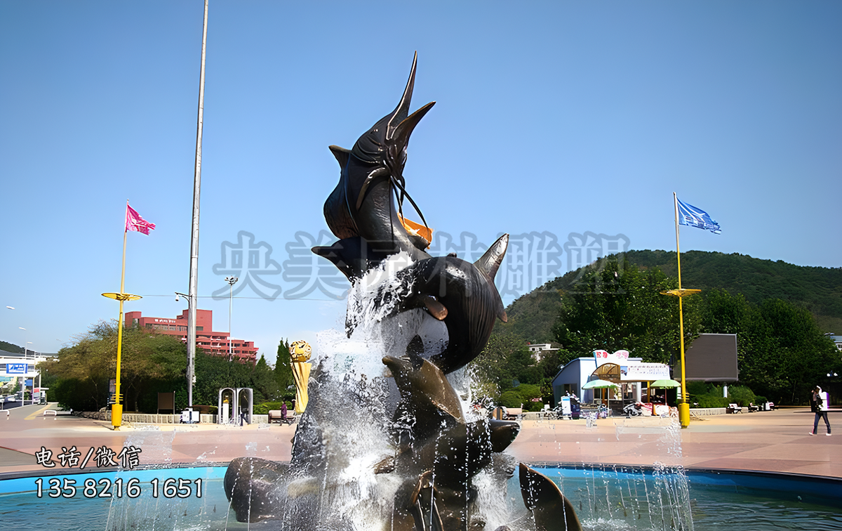 噴泉裝飾動(dòng)物，沖浪魚躍海豚雕塑