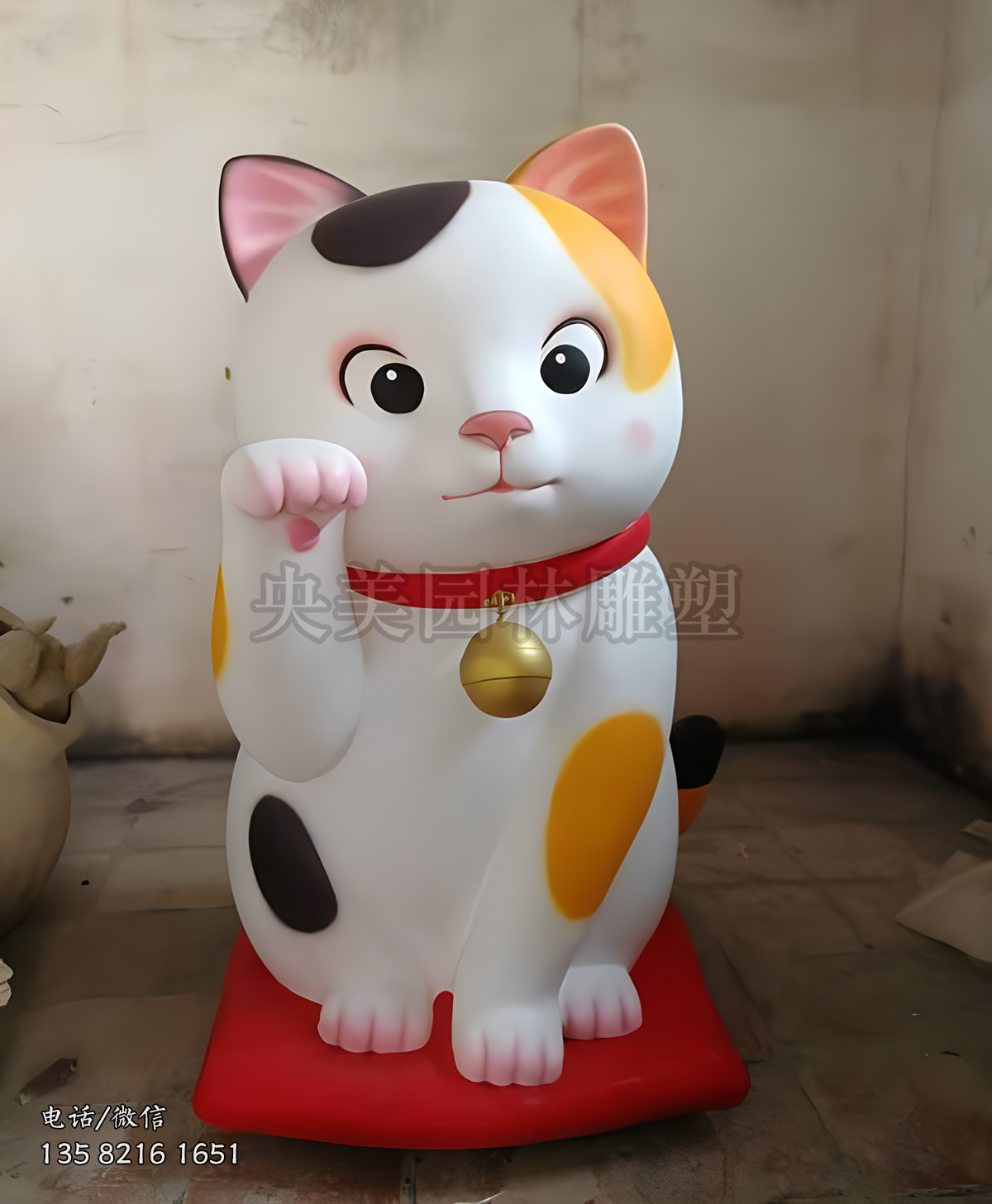 可愛蹲地招財貓雕塑