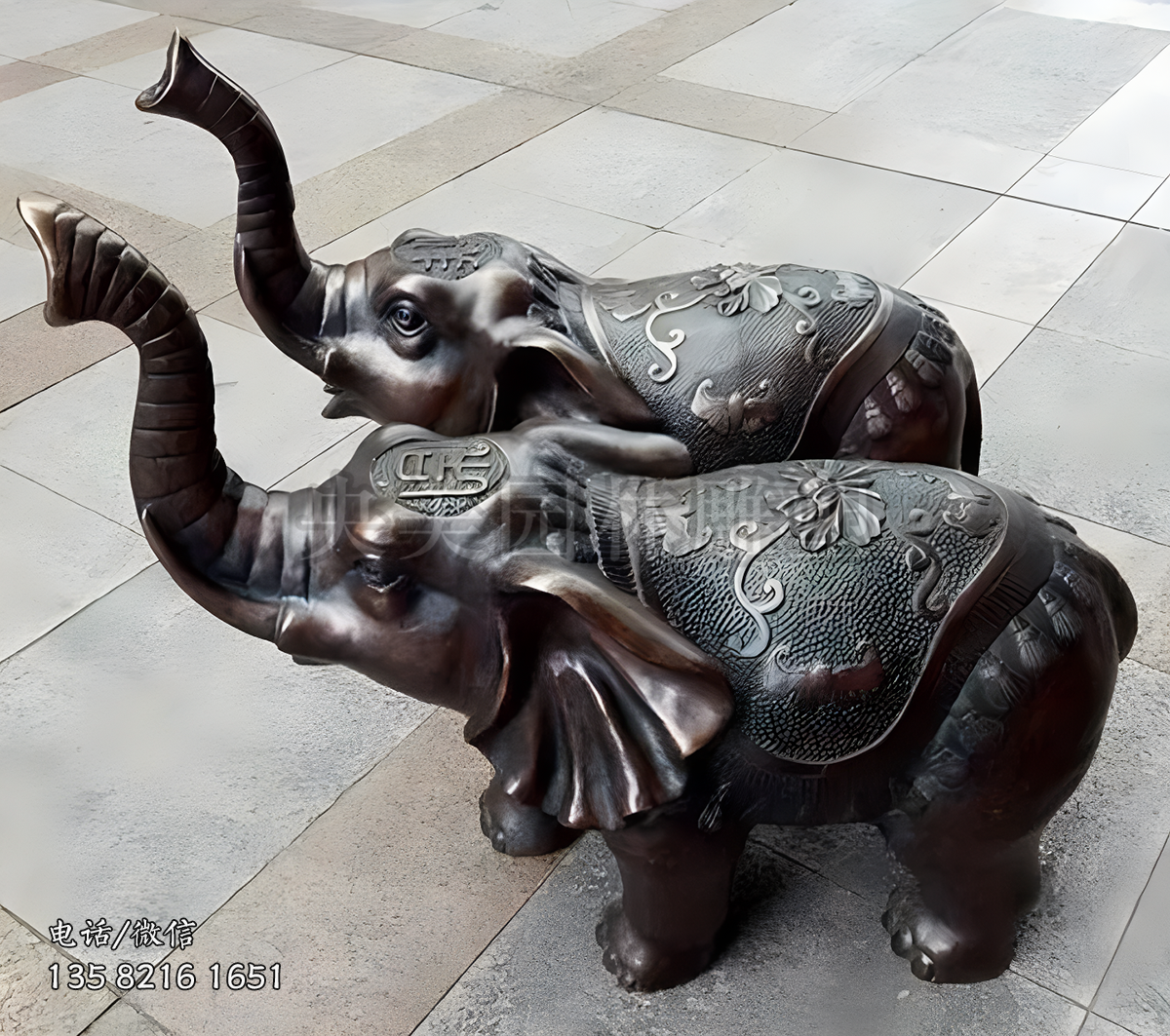 一對(duì)仿古大象銅雕擺件