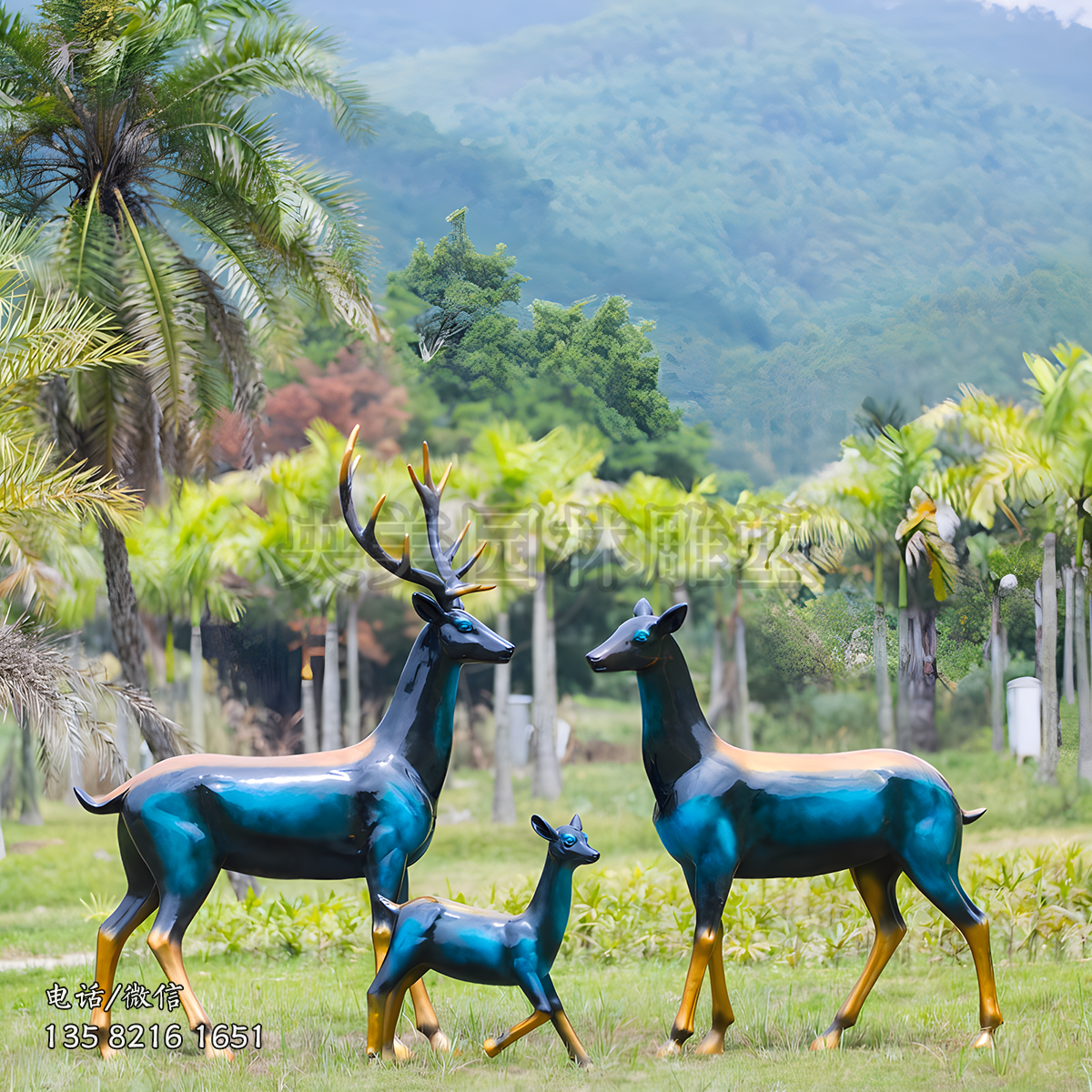 一家三口玻璃鋼彩繪梅花鹿雕塑