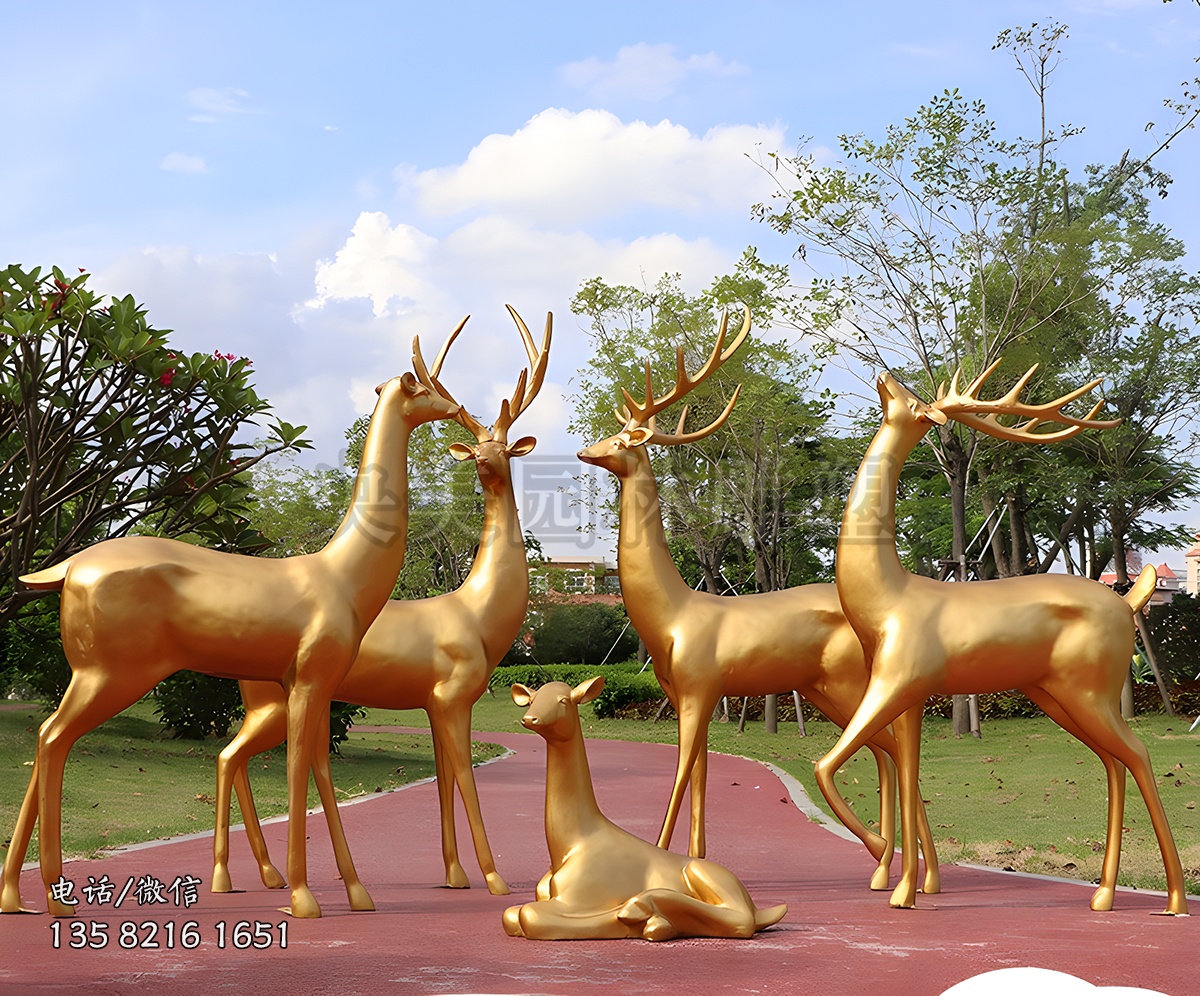 金銅色玻璃鋼仿銅梅花鹿雕塑擺件