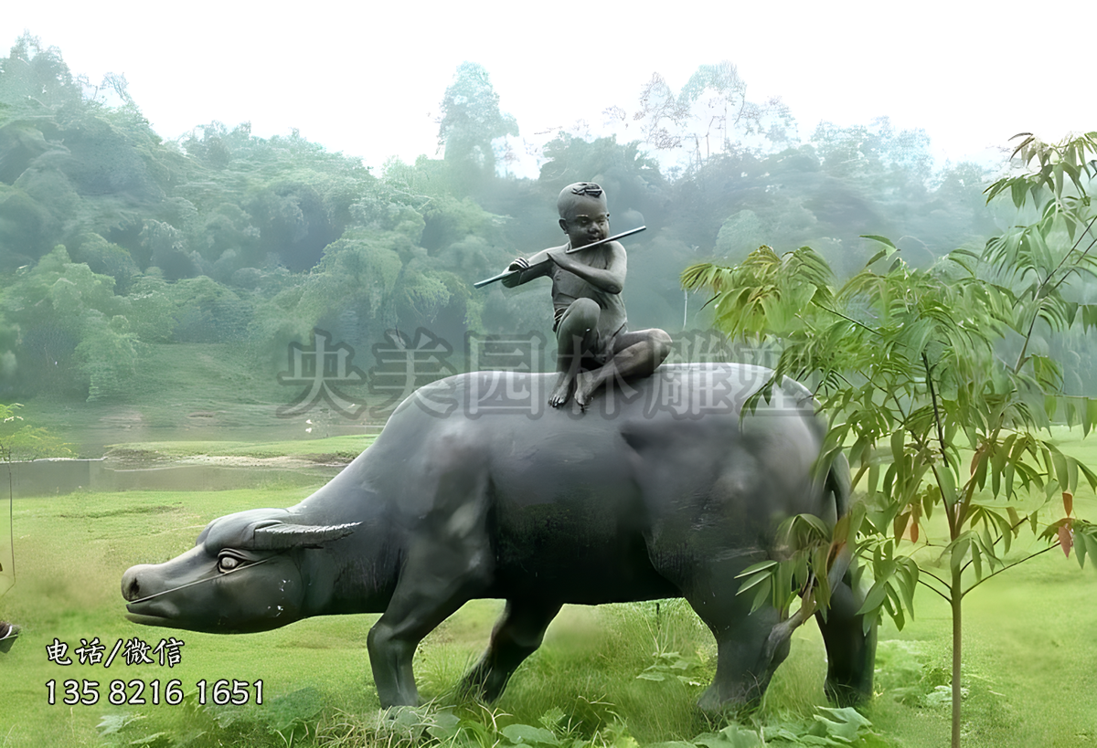 鑄銅牧童騎牛雕塑