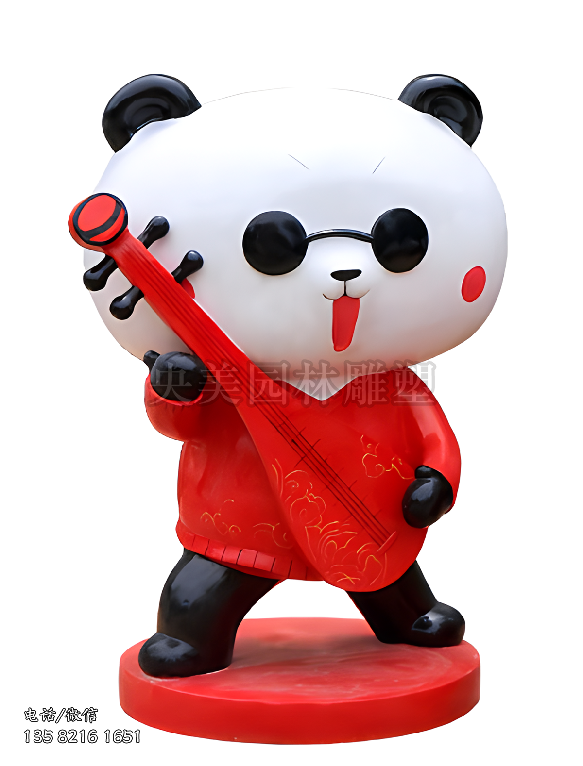 中國(guó)紅系列彈琵琶的卡通熊貓雕塑