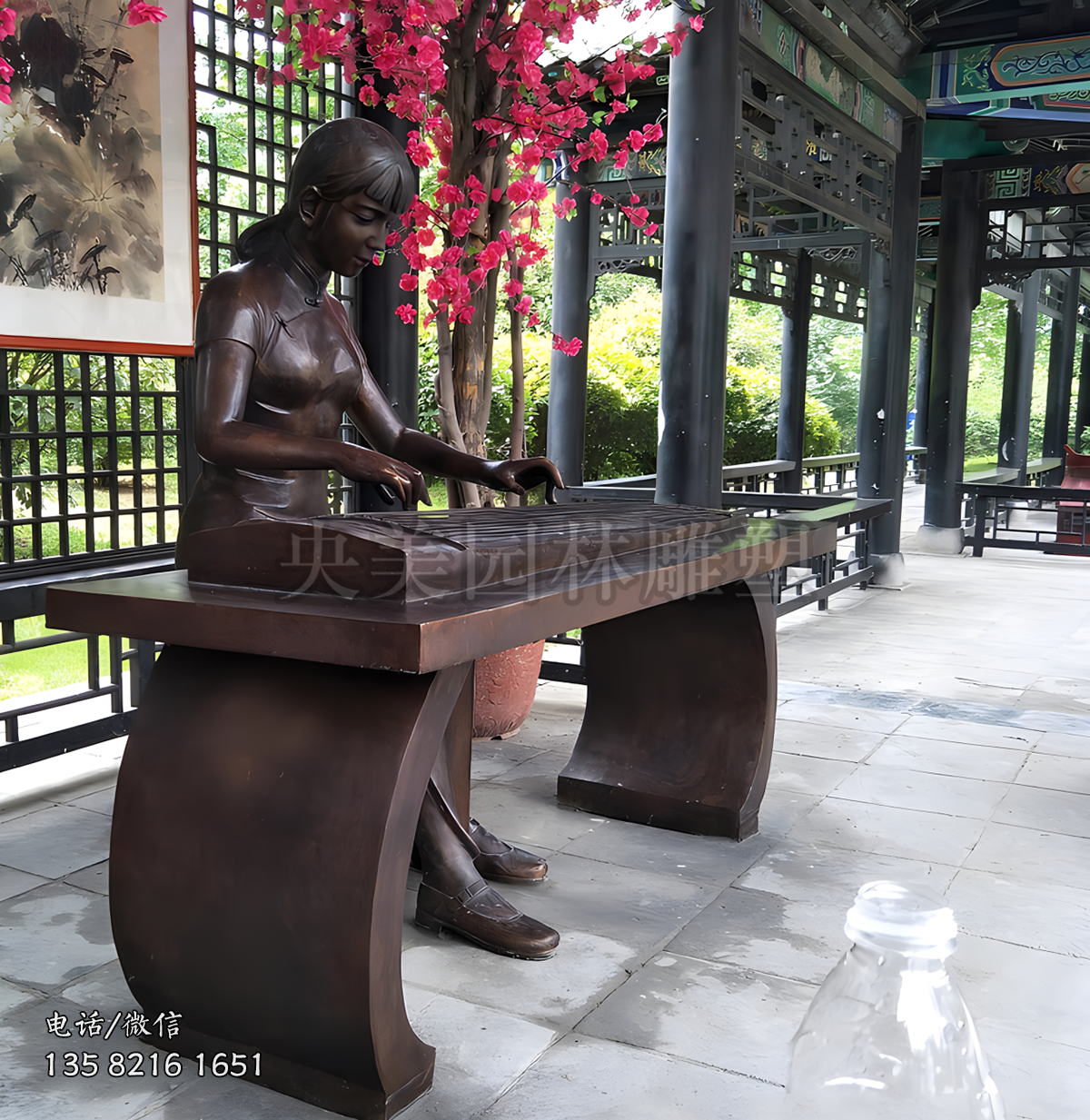 鑄銅古琴，彈琴人物雕塑擺件